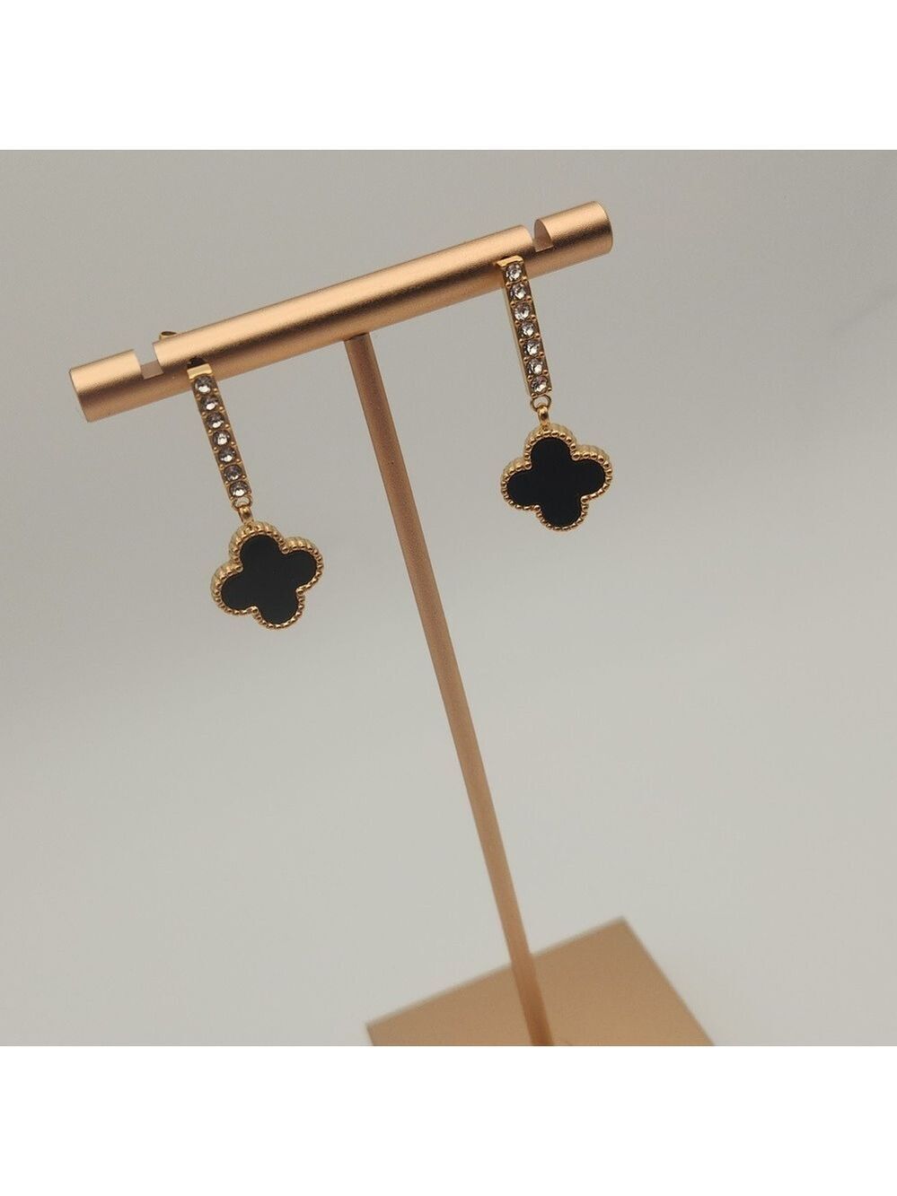 18K Gold Plated Black Clover Drop Earrings | Zircon Dangle Elegant Gold Jewelry